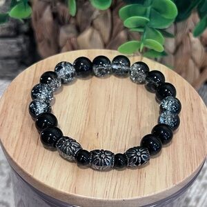 NWOT - Natural Black Onyx & Crackle Glass Beads Men's Stretch Bracelet